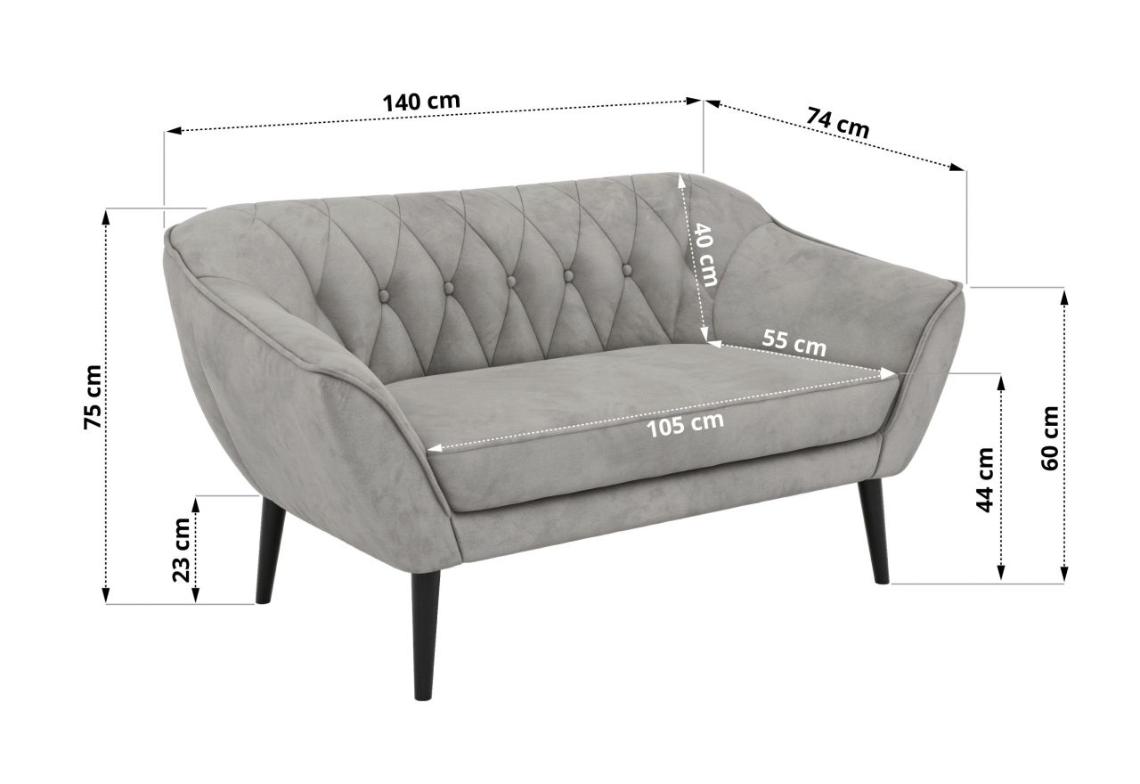Sofa PIRS 2 - jasnoszary, welwet - nóżki,  czarny