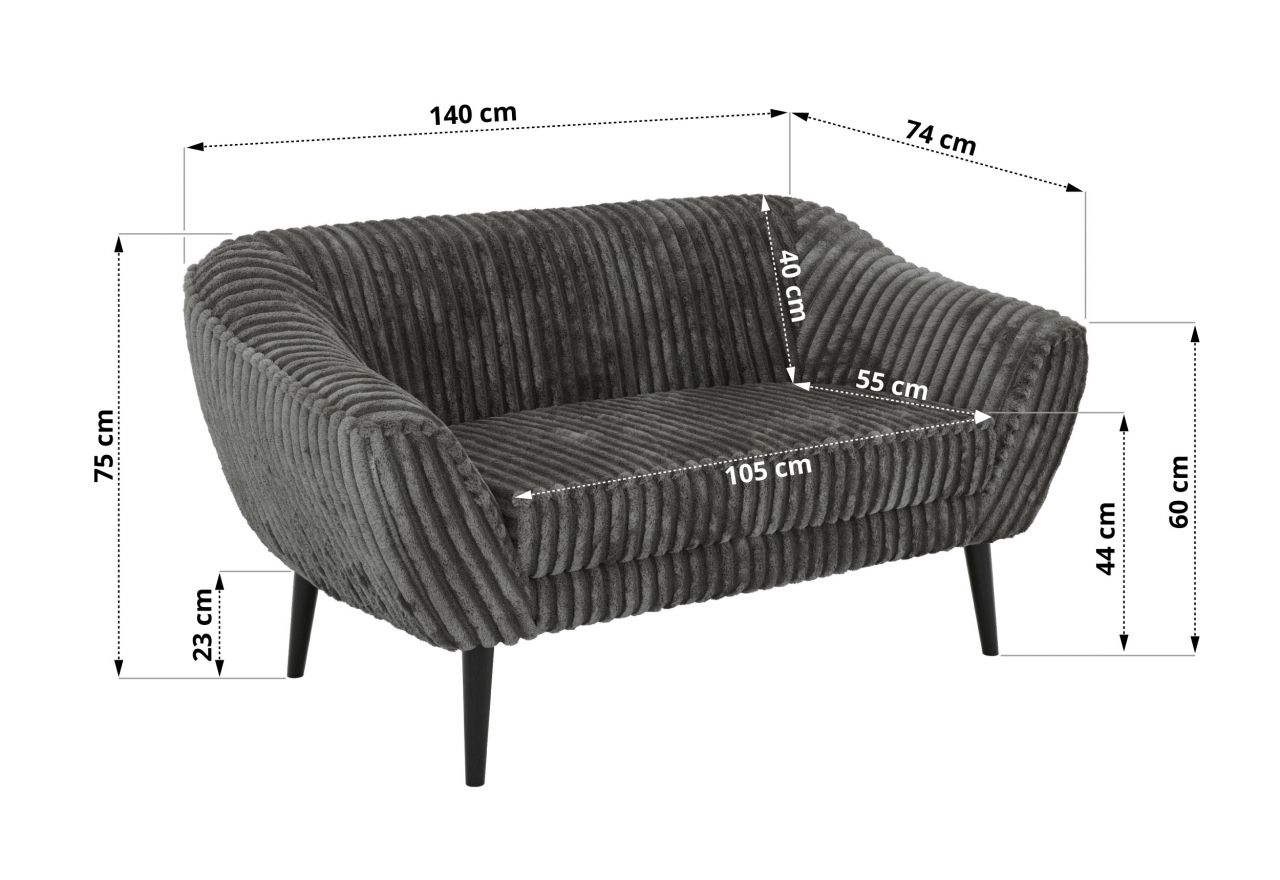Sofa PIRS 2 - szary, sztruks - nóżki,  czarny