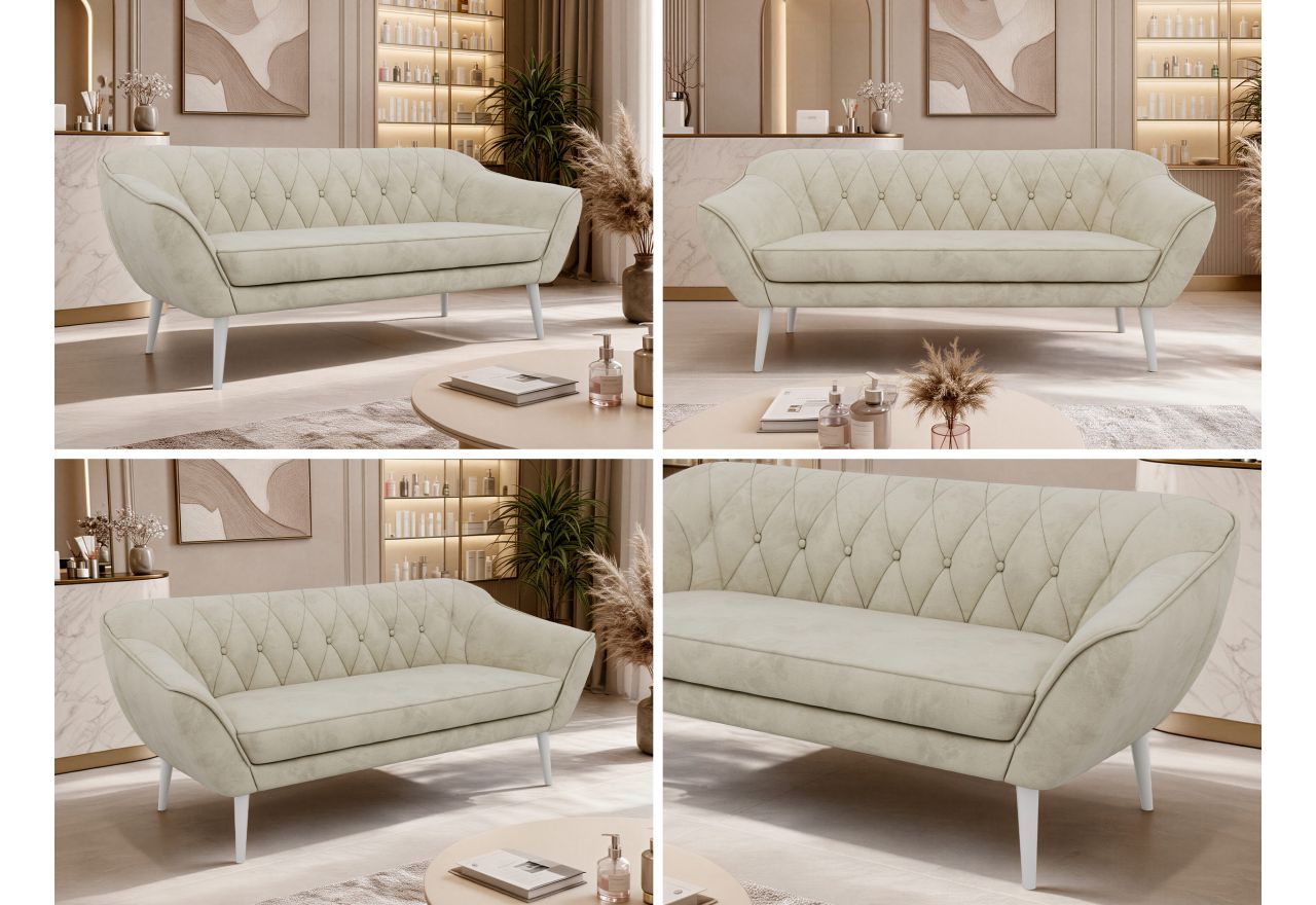 Sofa PIRS 3 - kremowy, welwet - nóżki,  biały