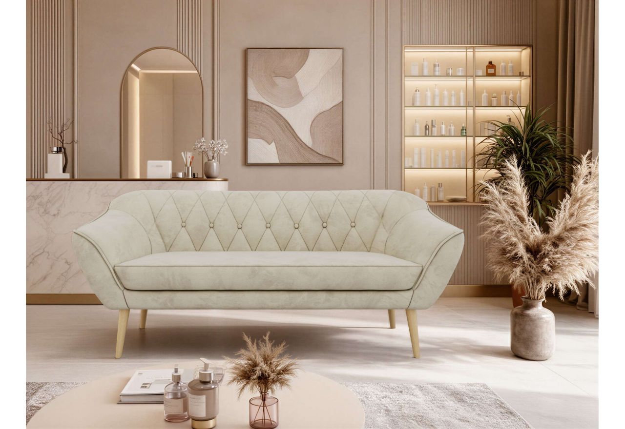 Sofa PIRS 3 - kremowy, welwet - nóżki,  buk