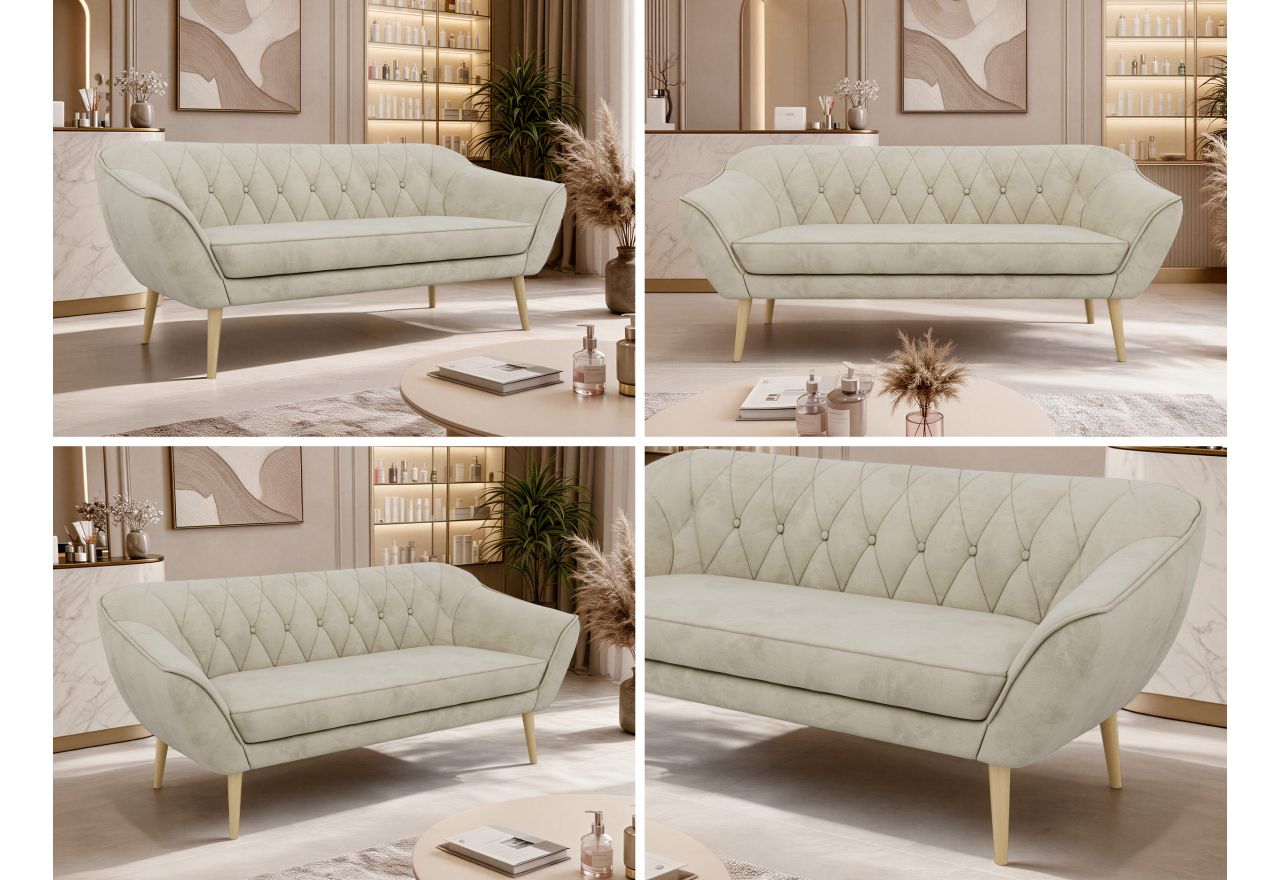 Sofa PIRS 3 - kremowy, welwet - nóżki,  buk