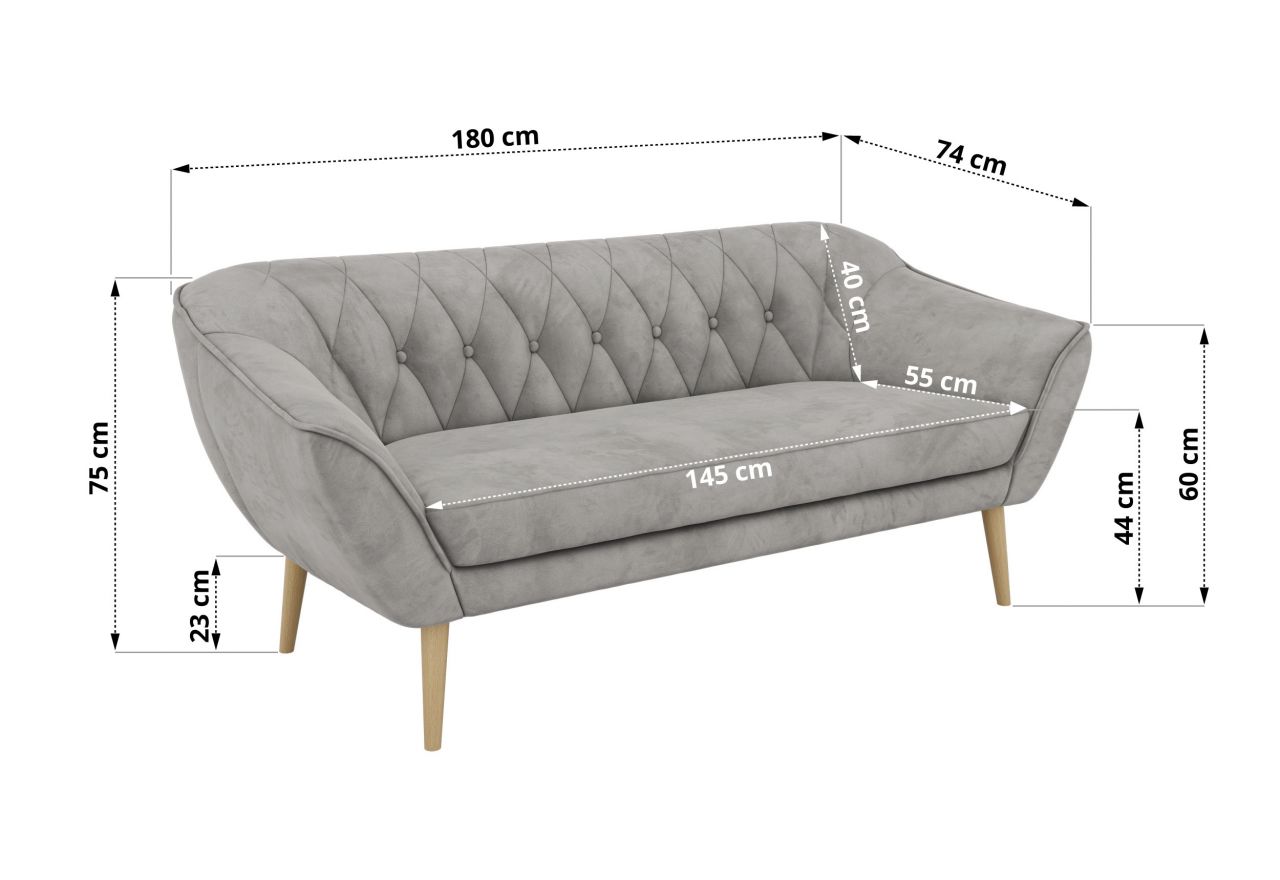 Sofa PIRS 3 - jasnoszary, welwet - nóżki,  buk