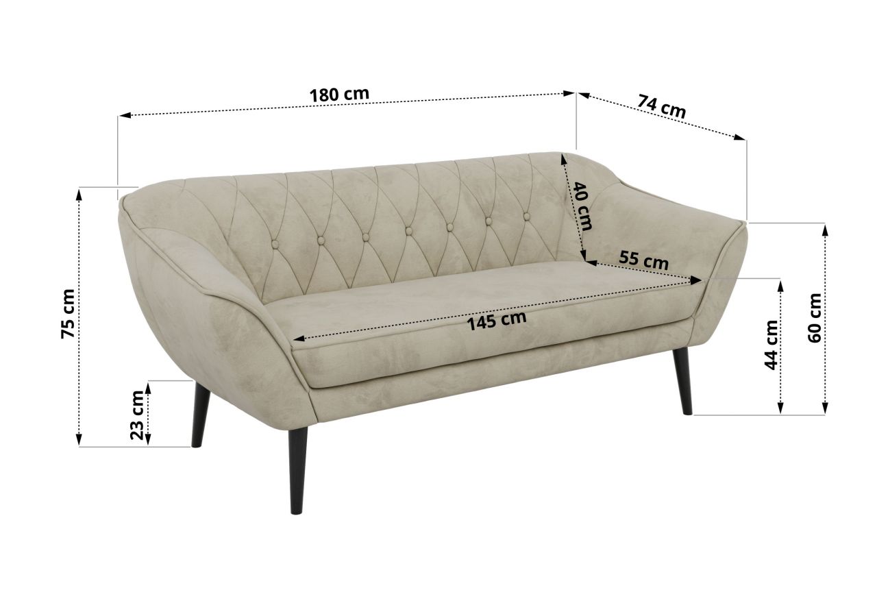 Sofa PIRS 3 - kremowy, welwet - nóżki,  czarny