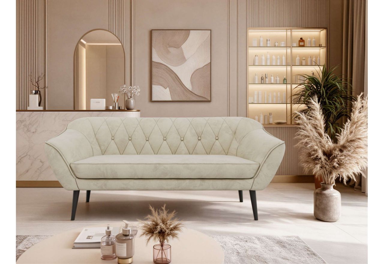 Sofa PIRS 3 - kremowy, welwet - nóżki,  czarny