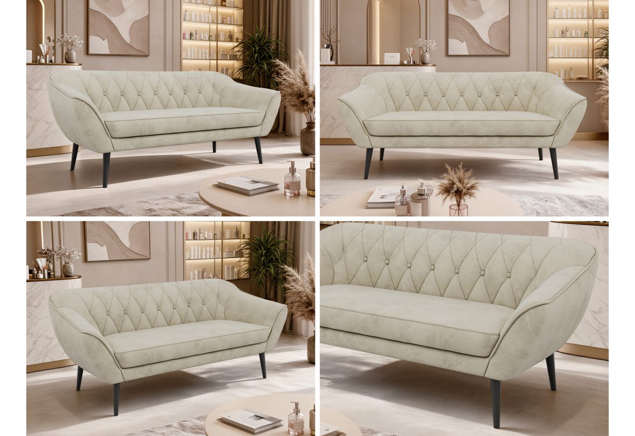 Sofa PIRS 3 - kremowy, welwet - nóżki,  czarny