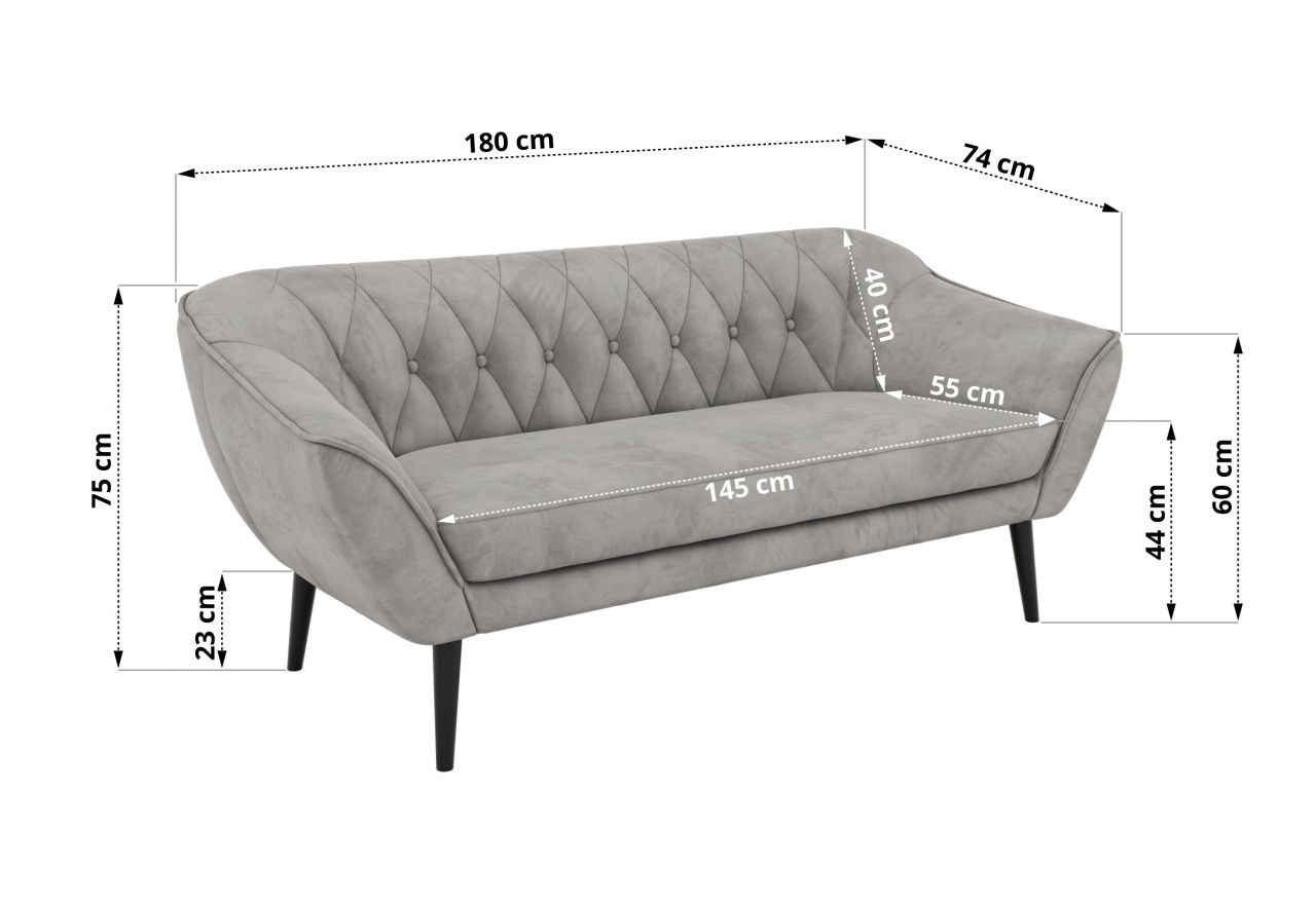 Sofa PIRS 3 - jasnoszary, welwet - nóżki,  czarny