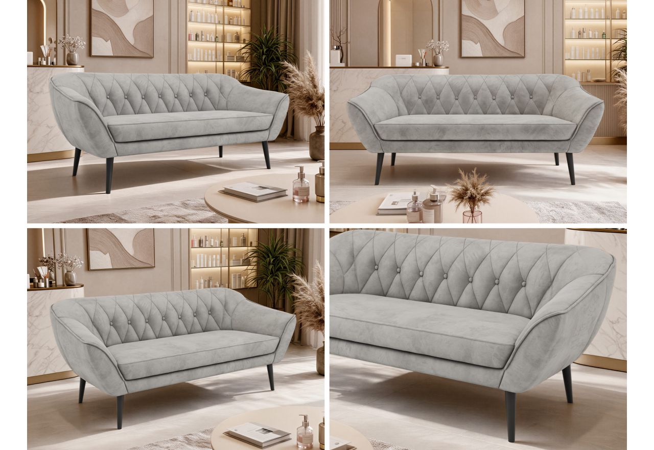 Sofa PIRS 3 - jasnoszary, welwet - nóżki,  czarny