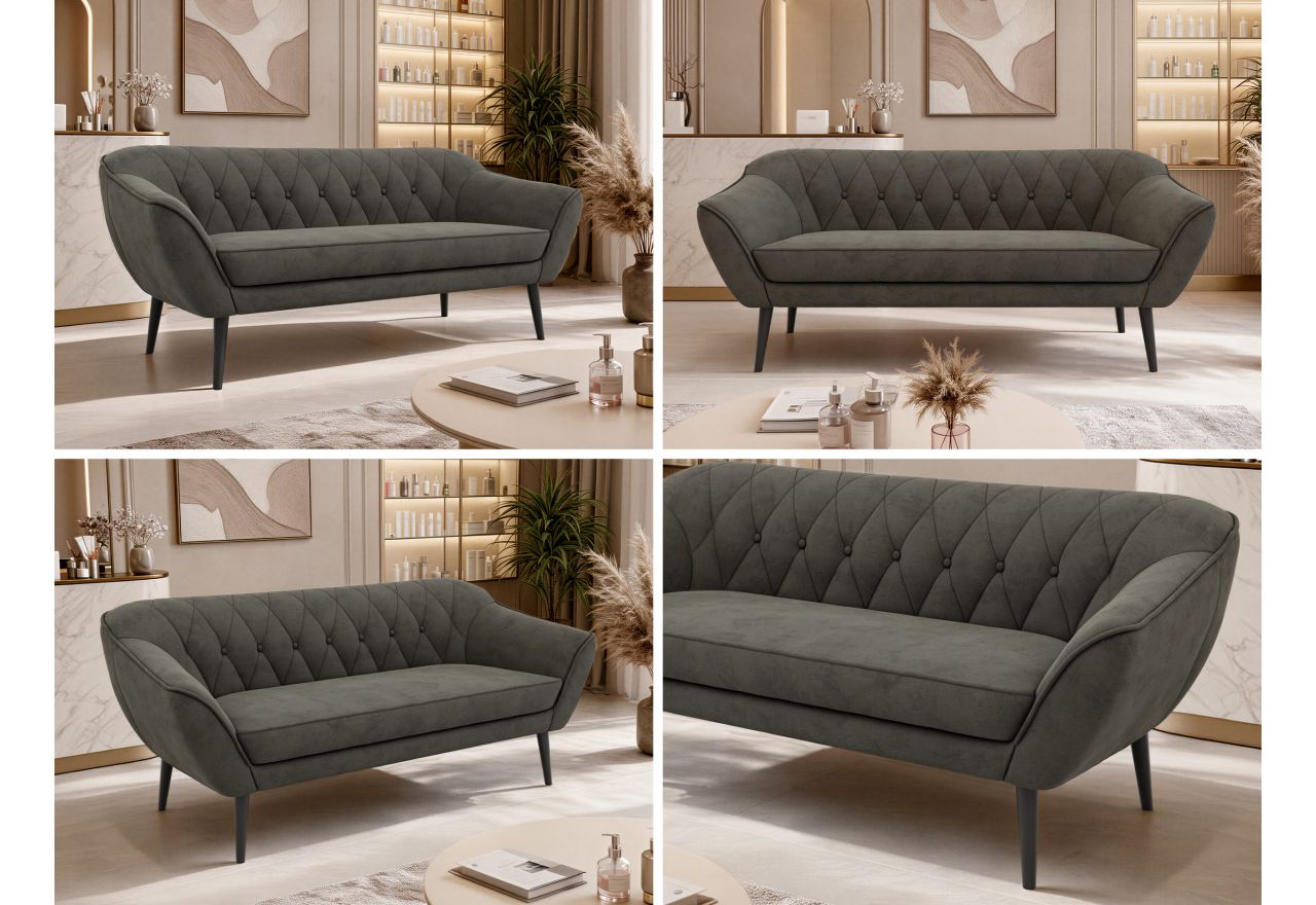 Sofa PIRS 3 - ciemnoszary, welwet - nóżki,  czarny
