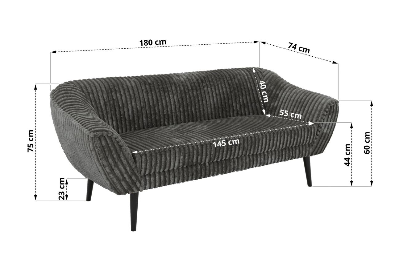 Sofa PIRS 3 - szary, sztruks - nóżki,  czarny