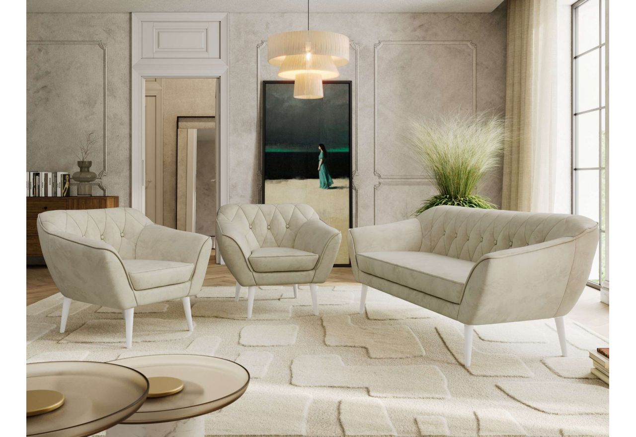 Zestaw PIRS 3+1+1 - kremowy, welwet - nóżki,  biały