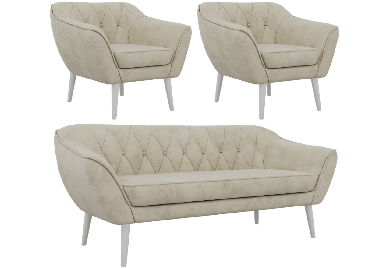 Zestaw PIRS 3+1+1 - kremowy, welwet - nóżki,  biały