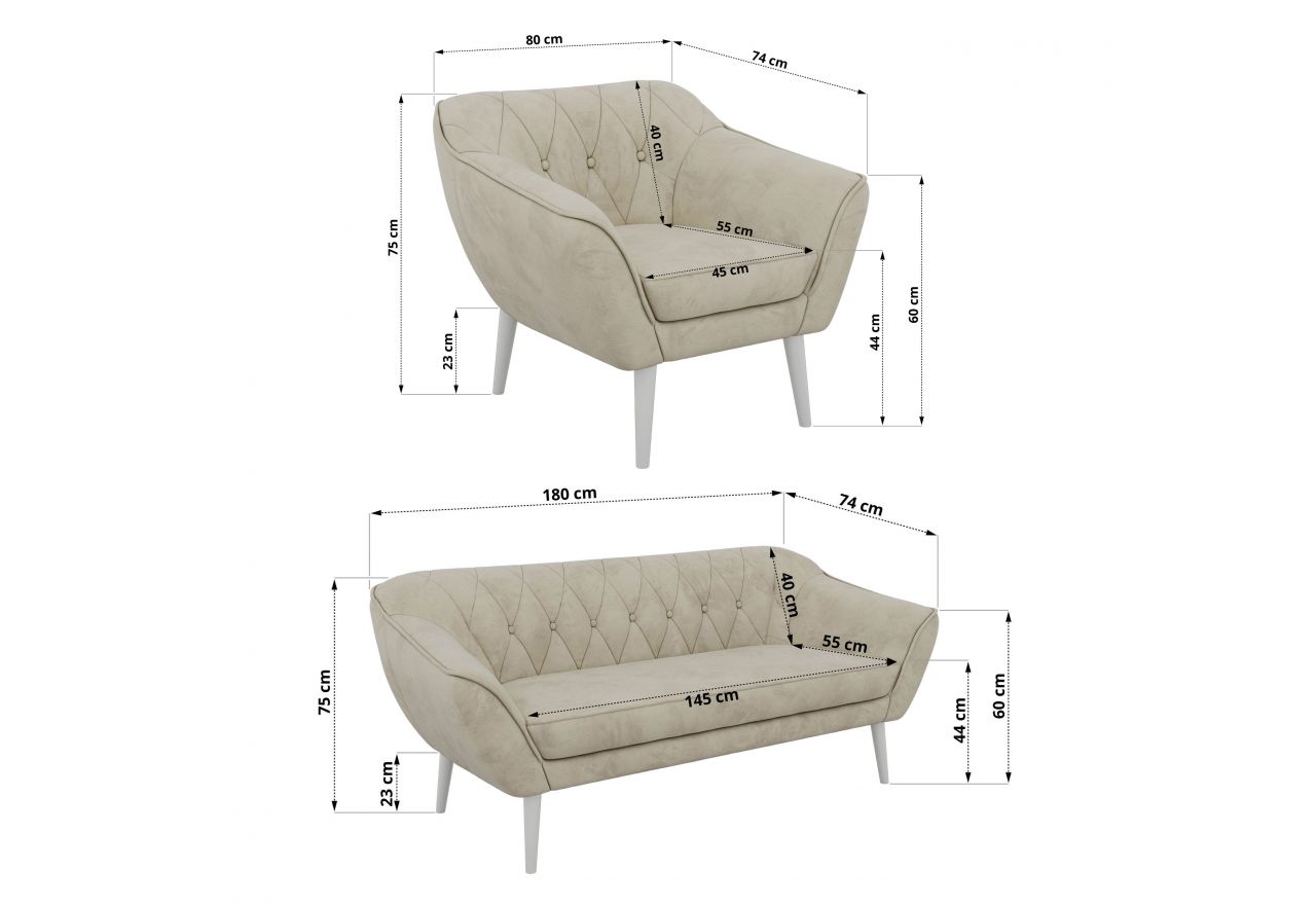 Zestaw PIRS 3+1+1 - kremowy, welwet - nóżki,  biały