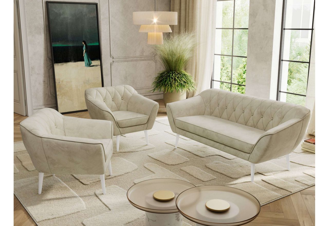 Zestaw PIRS 3+1+1 - kremowy, welwet - nóżki,  biały