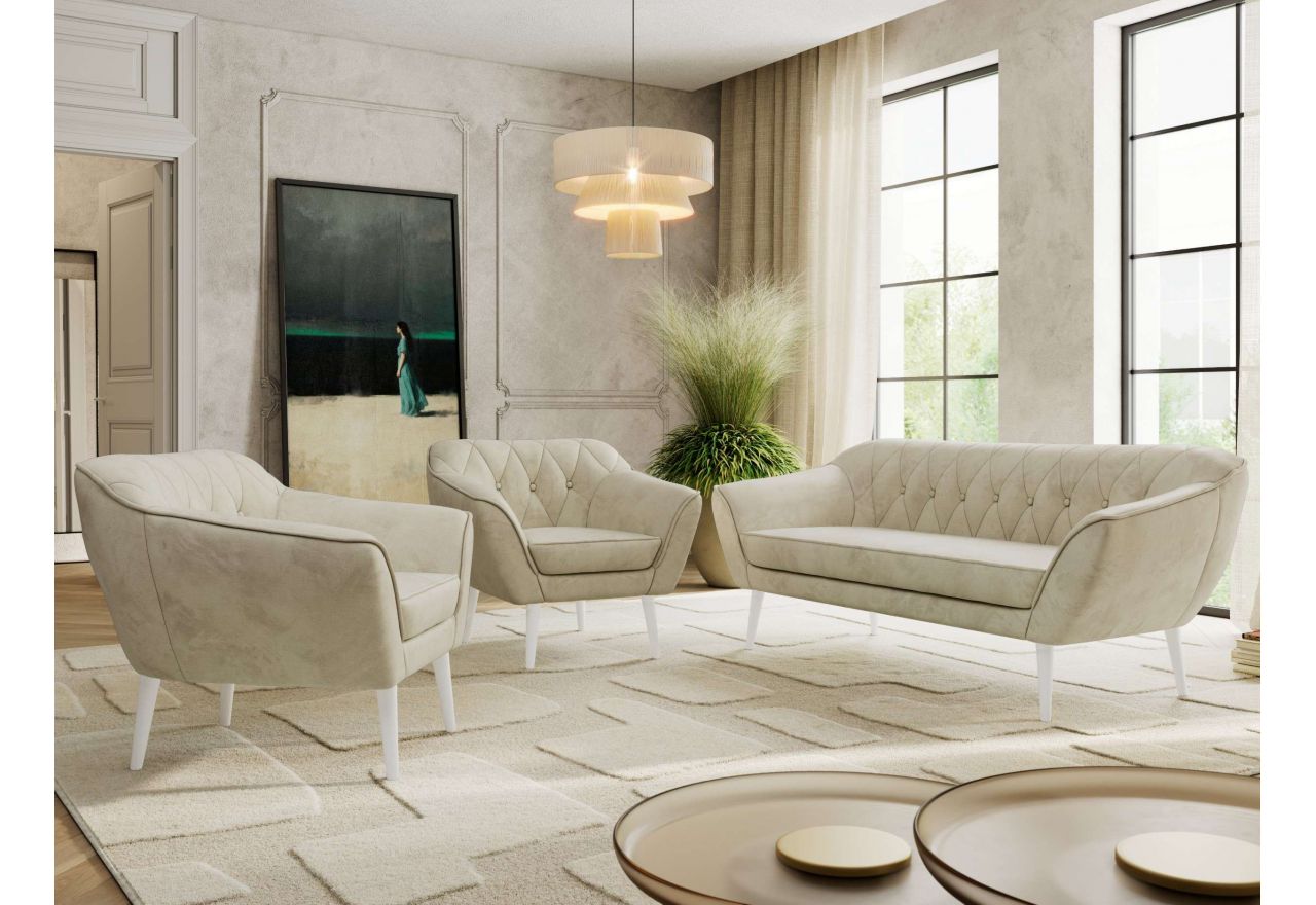 Zestaw PIRS 3+1+1 - kremowy, welwet - nóżki,  biały