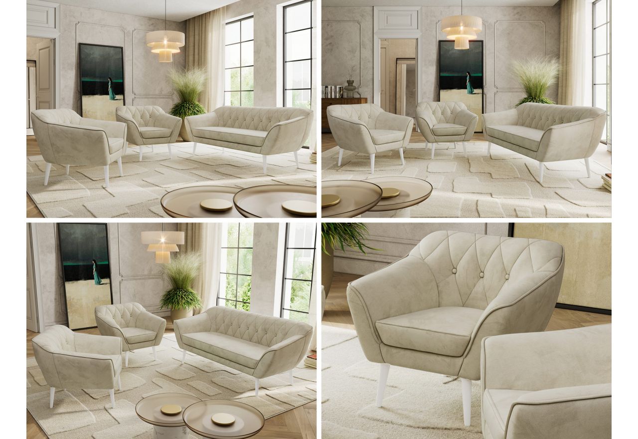 Zestaw PIRS 3+1+1 - kremowy, welwet - nóżki,  biały