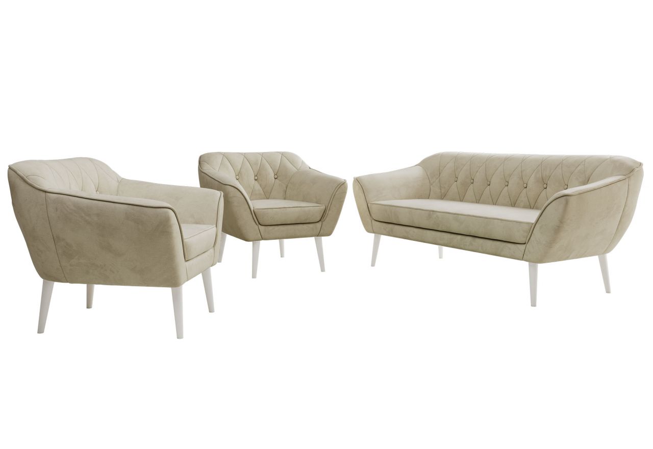 Zestaw PIRS 3+1+1 - kremowy, welwet - nóżki,  biały