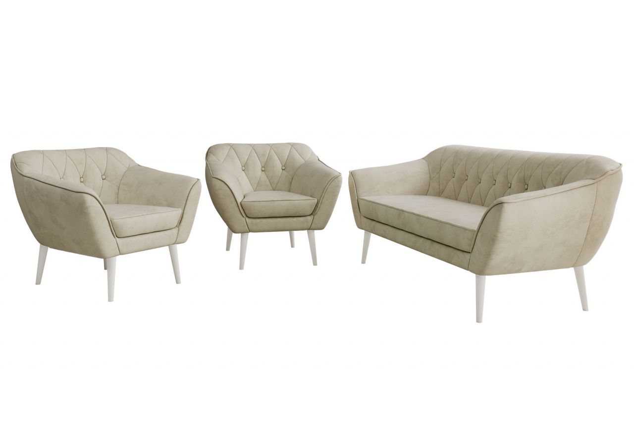 Zestaw PIRS 3+1+1 - kremowy, welwet - nóżki,  biały