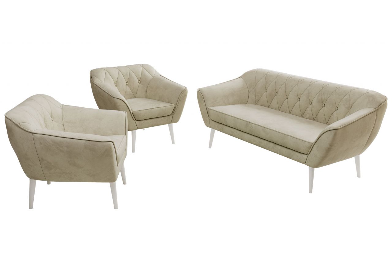 Zestaw PIRS 3+1+1 - kremowy, welwet - nóżki,  biały