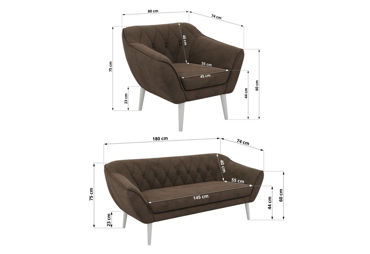 Zestaw PIRS 3+1+1 - brązowy, welwet - nóżki,  biały