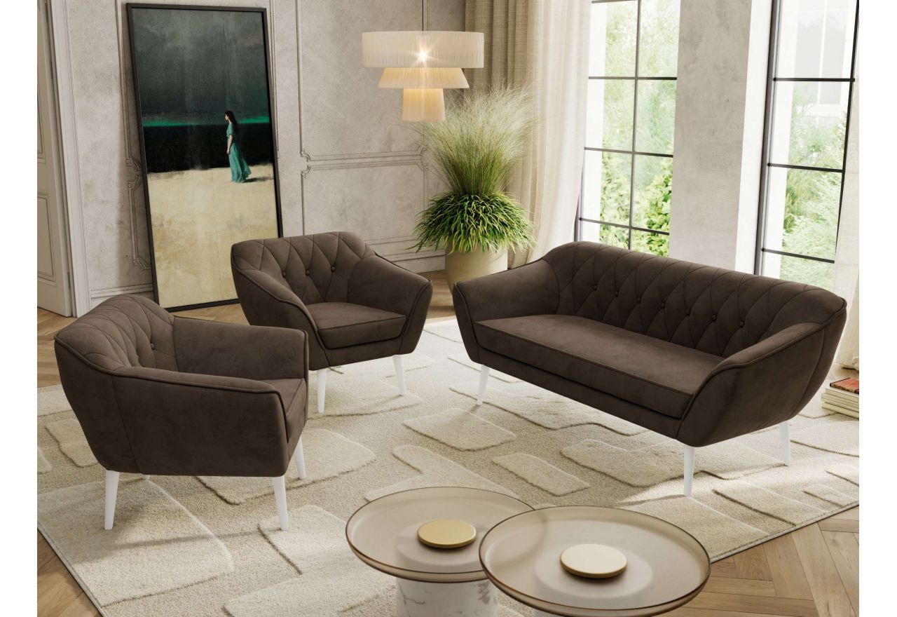 Zestaw PIRS 3+1+1 - brązowy, welwet - nóżki,  biały