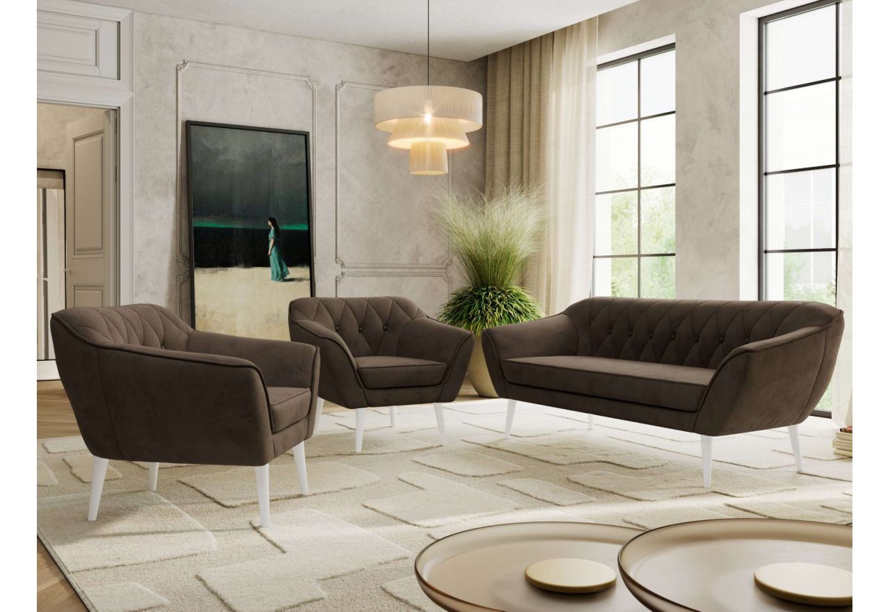 Zestaw PIRS 3+1+1 - brązowy, welwet - nóżki,  biały