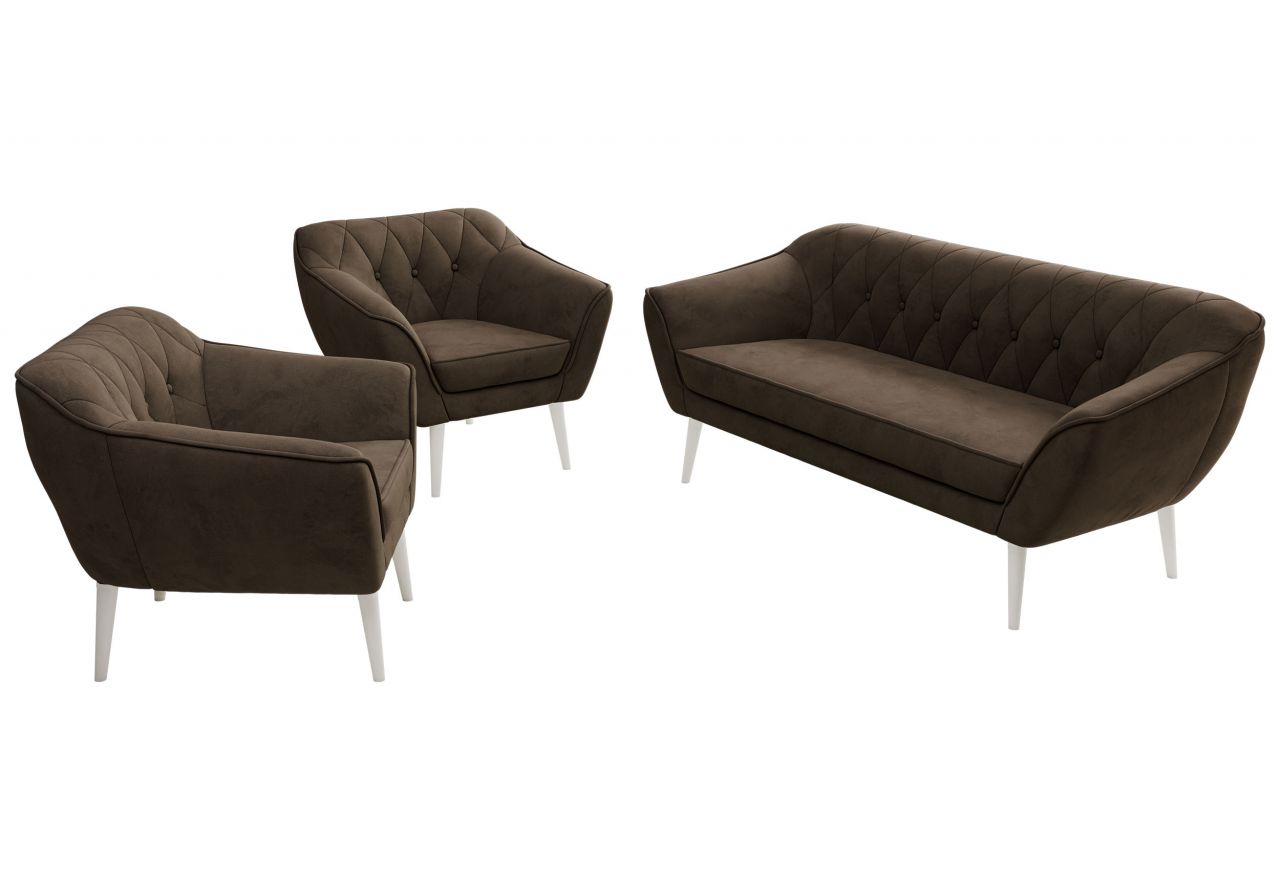 Zestaw PIRS 3+1+1 - brązowy, welwet - nóżki,  biały