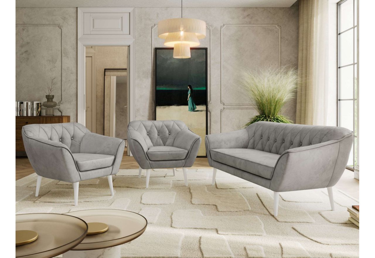 Zestaw PIRS 3+1+1 - jasnoszary, welwet - nóżki,  biały