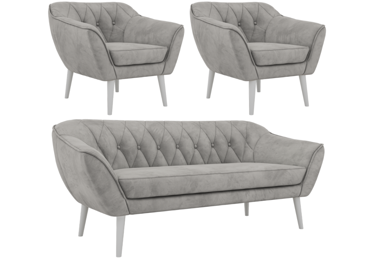 Zestaw PIRS 3+1+1 - jasnoszary, welwet - nóżki,  biały