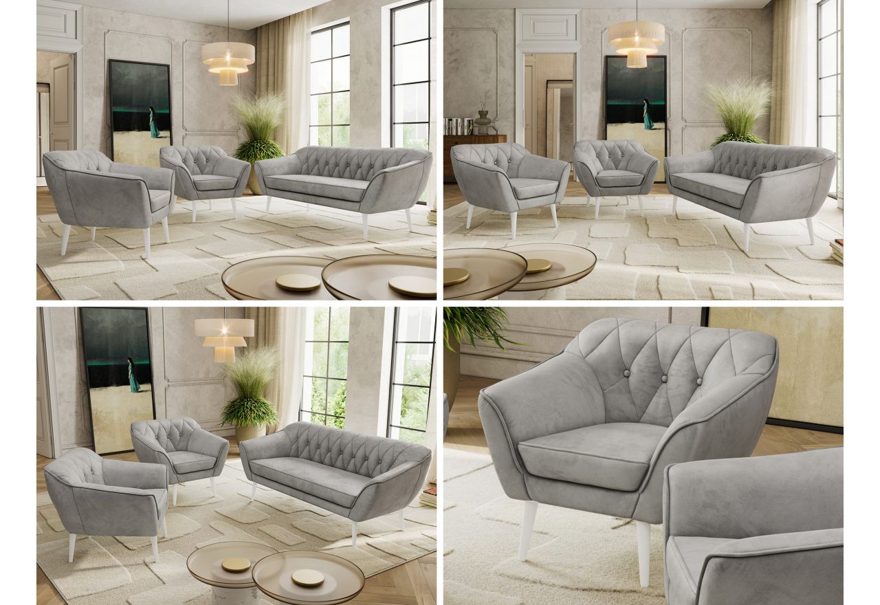 Zestaw PIRS 3+1+1 - jasnoszary, welwet - nóżki,  biały