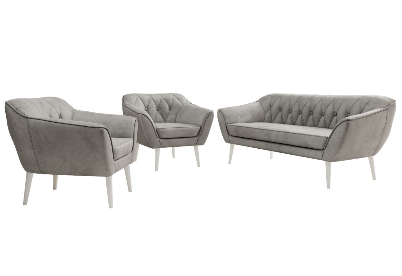 Zestaw PIRS 3+1+1 - jasnoszary, welwet - nóżki,  biały