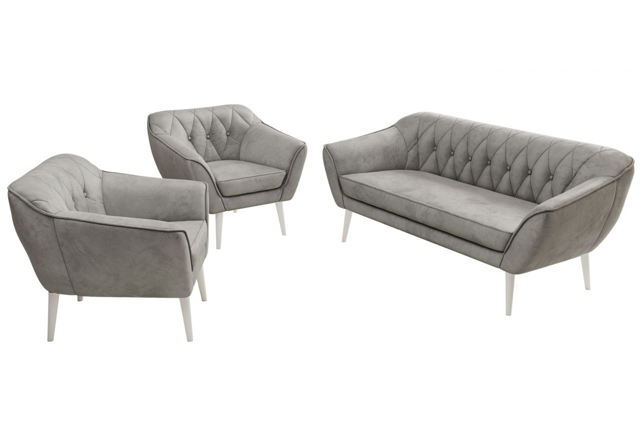 Zestaw PIRS 3+1+1 - jasnoszary, welwet - nóżki,  biały