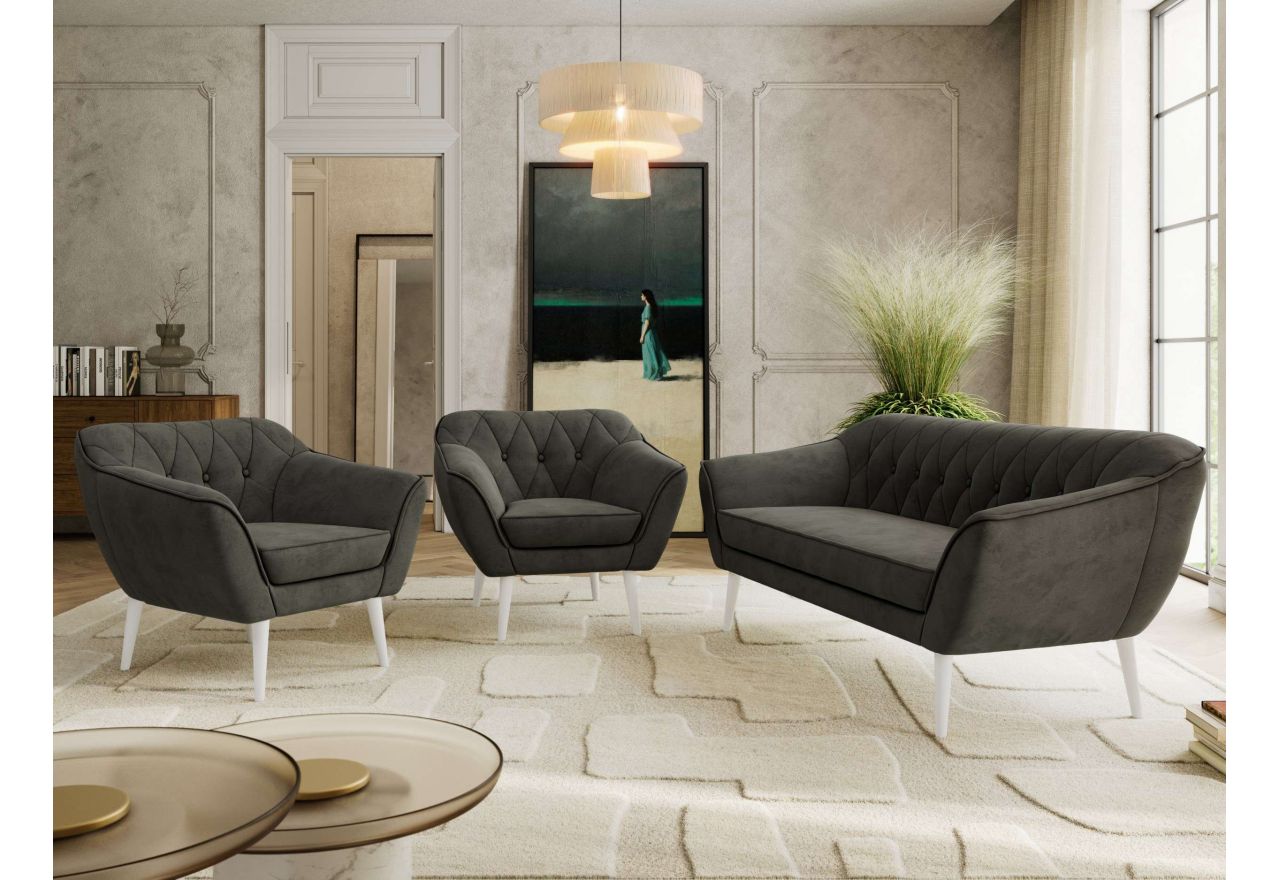 Zestaw PIRS 3+1+1 - ciemnoszary, welwet - nóżki,  biały