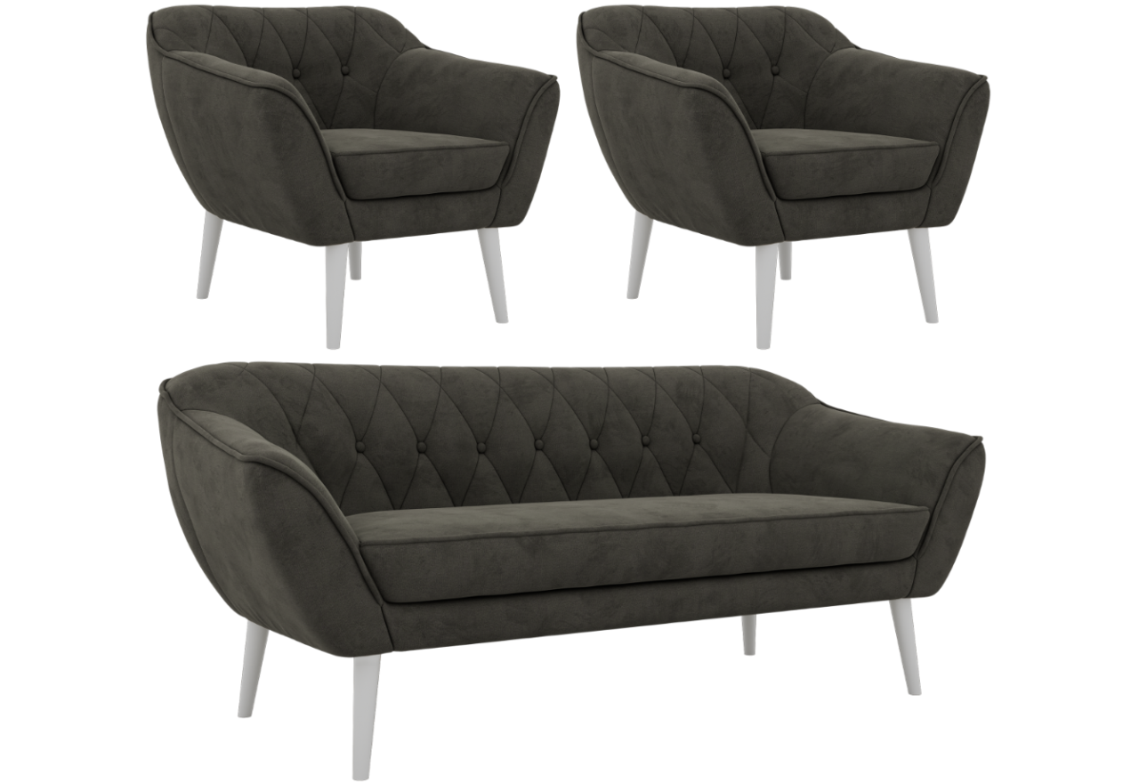 Zestaw PIRS 3+1+1 - ciemnoszary, welwet - nóżki,  biały