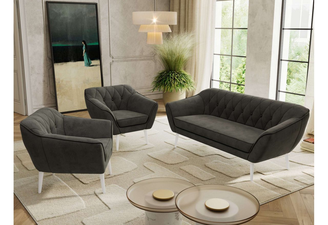 Zestaw PIRS 3+1+1 - ciemnoszary, welwet - nóżki,  biały