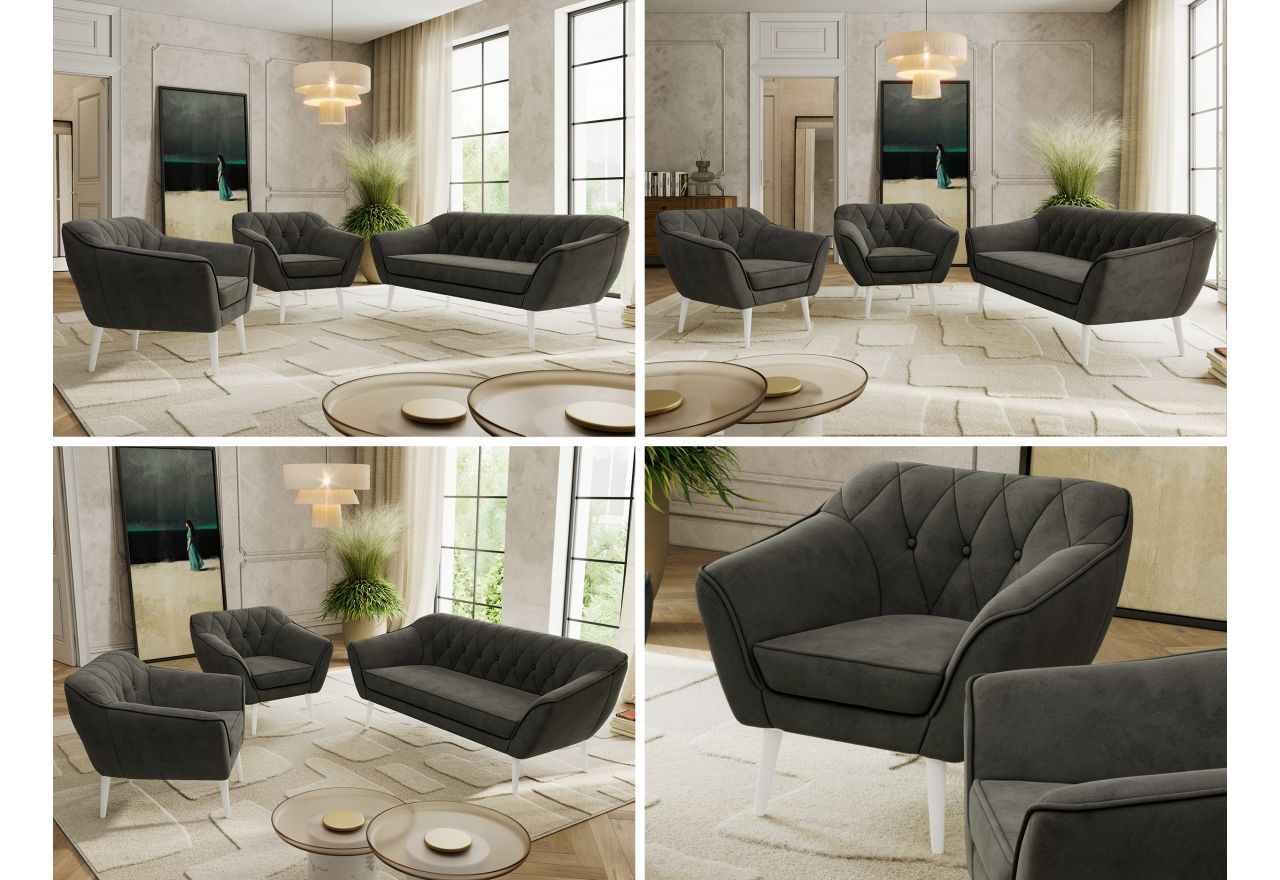 Zestaw PIRS 3+1+1 - ciemnoszary, welwet - nóżki,  biały