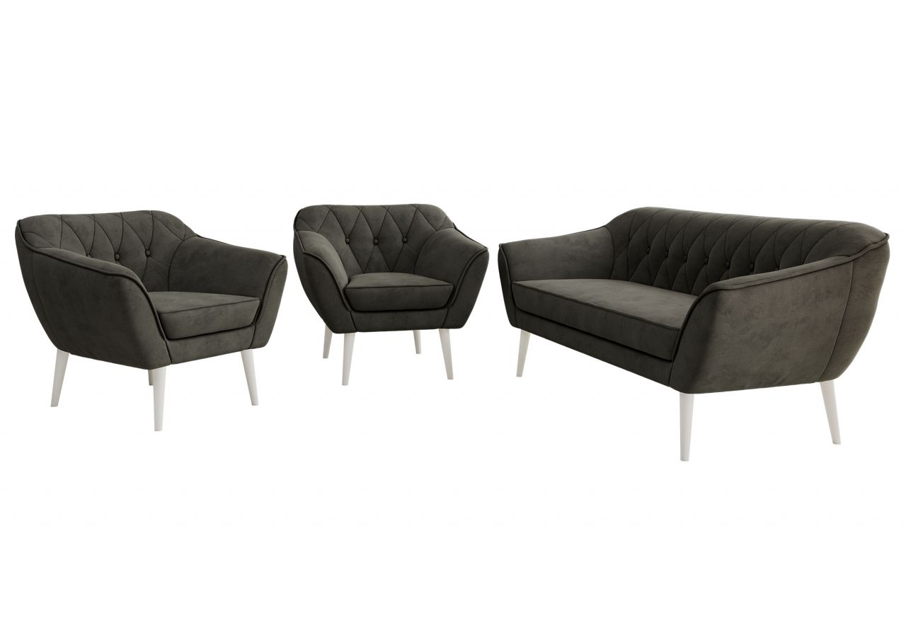 Zestaw PIRS 3+1+1 - ciemnoszary, welwet - nóżki,  biały