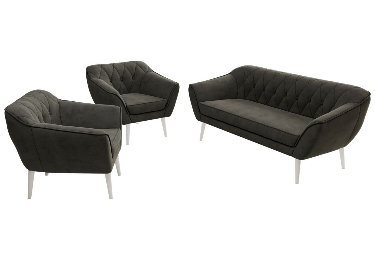 Zestaw PIRS 3+1+1 - ciemnoszary, welwet - nóżki,  biały