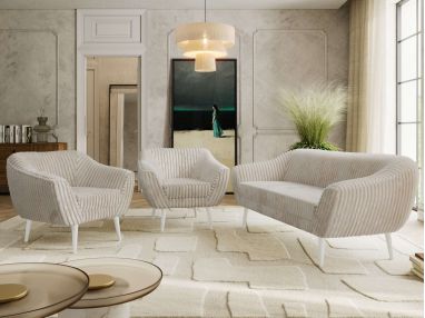 Zestaw PIRS 3+1+1 - beżowy, sztruks - nóżki,  biały