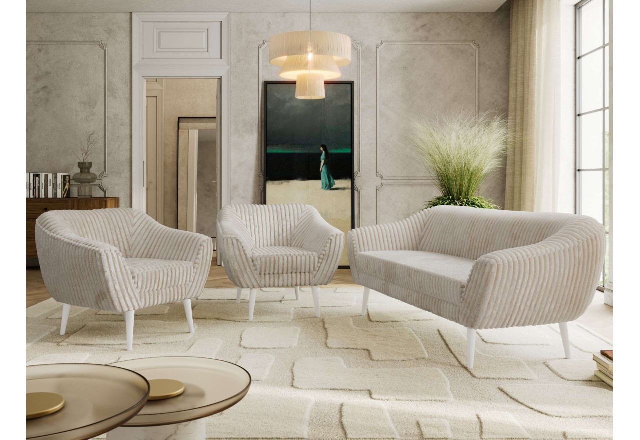 Zestaw PIRS 3+1+1 - beżowy, sztruks - nóżki,  biały