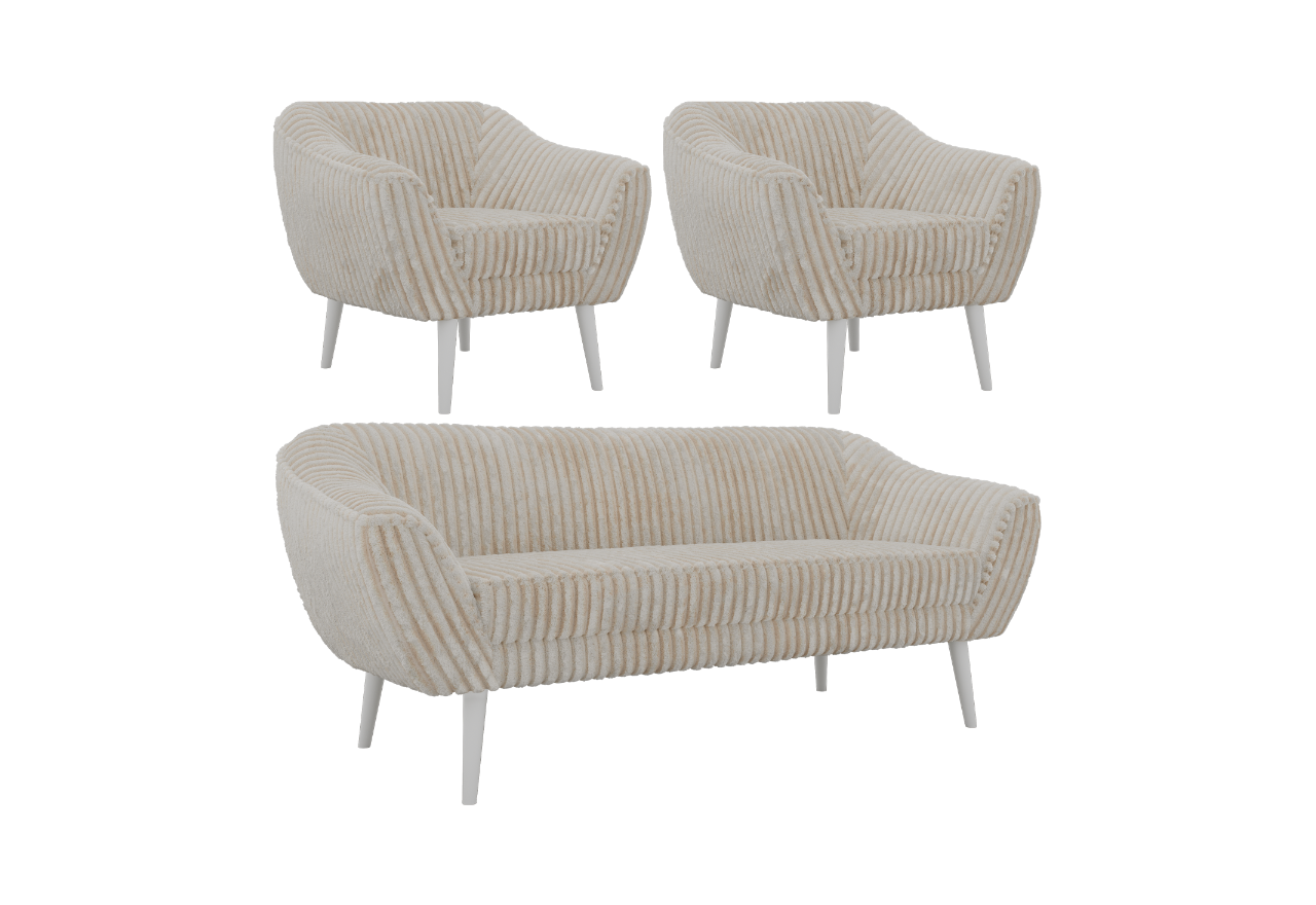 Zestaw PIRS 3+1+1 - beżowy, sztruks - nóżki,  biały