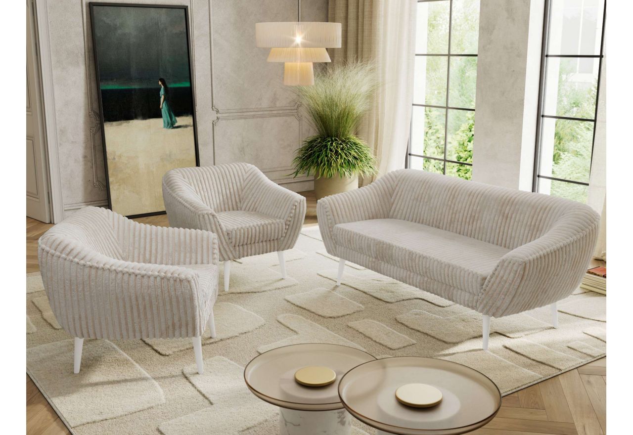 Zestaw PIRS 3+1+1 - beżowy, sztruks - nóżki,  biały