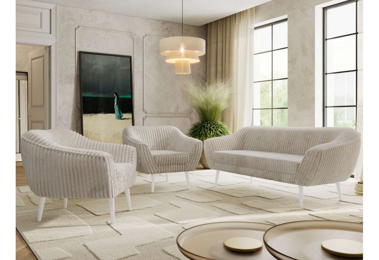 Zestaw PIRS 3+1+1 - beżowy, sztruks - nóżki,  biały