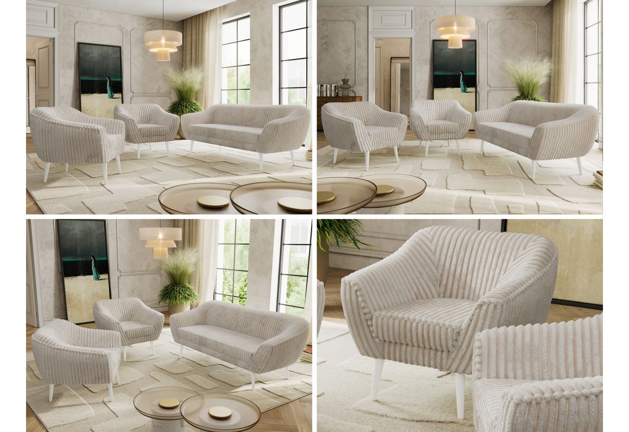 Zestaw PIRS 3+1+1 - beżowy, sztruks - nóżki,  biały