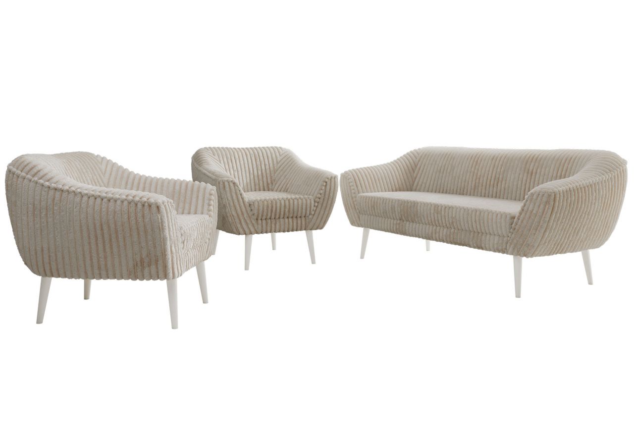 Zestaw PIRS 3+1+1 - beżowy, sztruks - nóżki,  biały