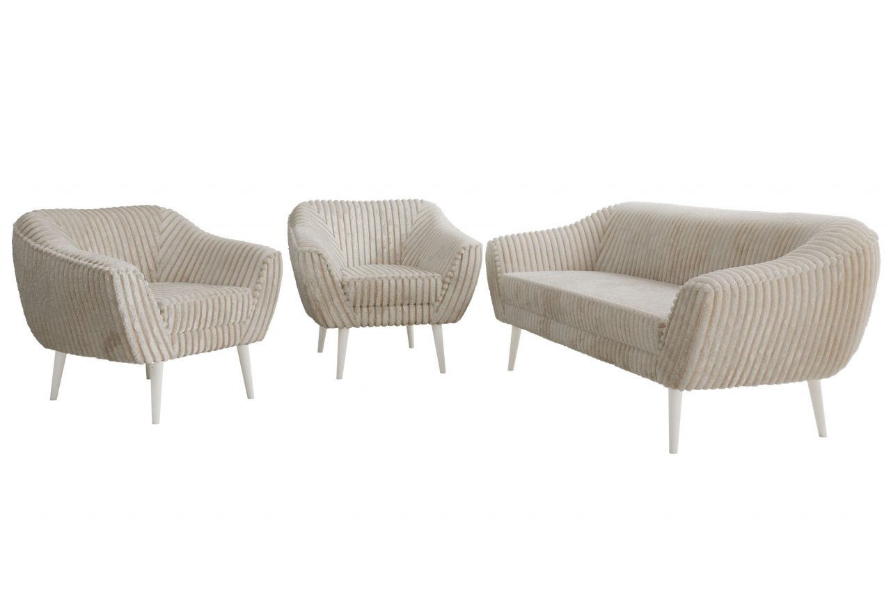 Zestaw PIRS 3+1+1 - beżowy, sztruks - nóżki,  biały