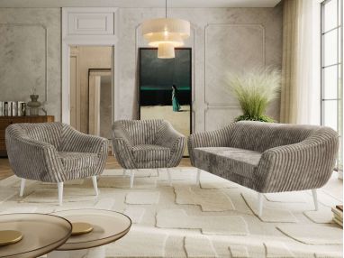 Zestaw PIRS 3+1+1 - jasnobrązowy, sztruks - nóżki,  biały