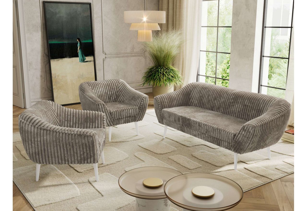 Zestaw PIRS 3+1+1 - jasnobrązowy, sztruks - nóżki,  biały