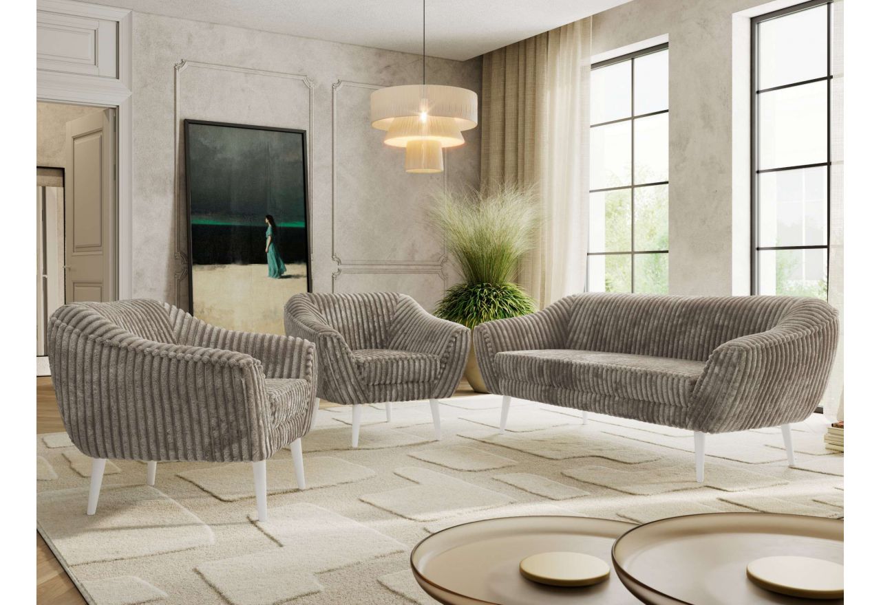 Zestaw PIRS 3+1+1 - jasnobrązowy, sztruks - nóżki,  biały