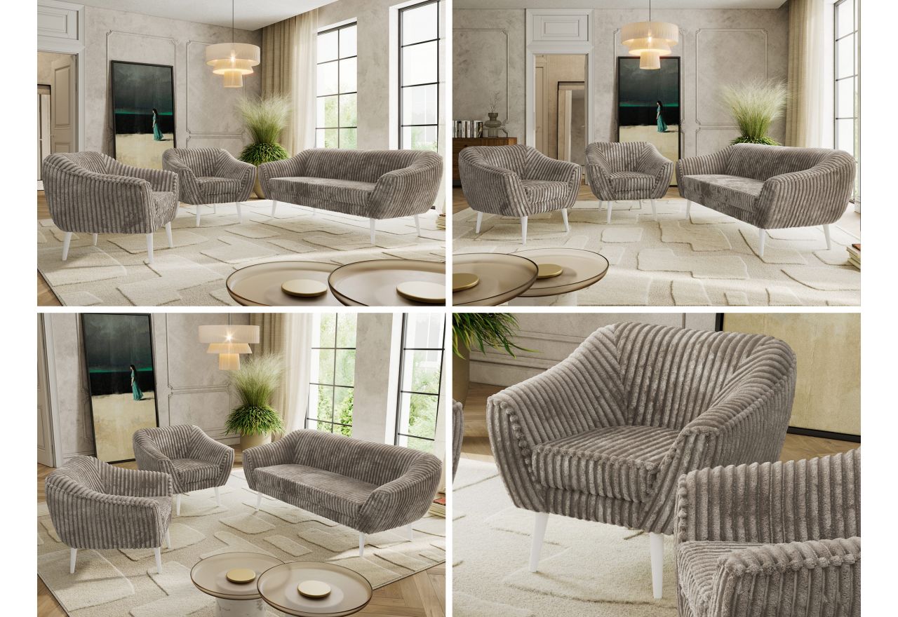 Zestaw PIRS 3+1+1 - jasnobrązowy, sztruks - nóżki,  biały