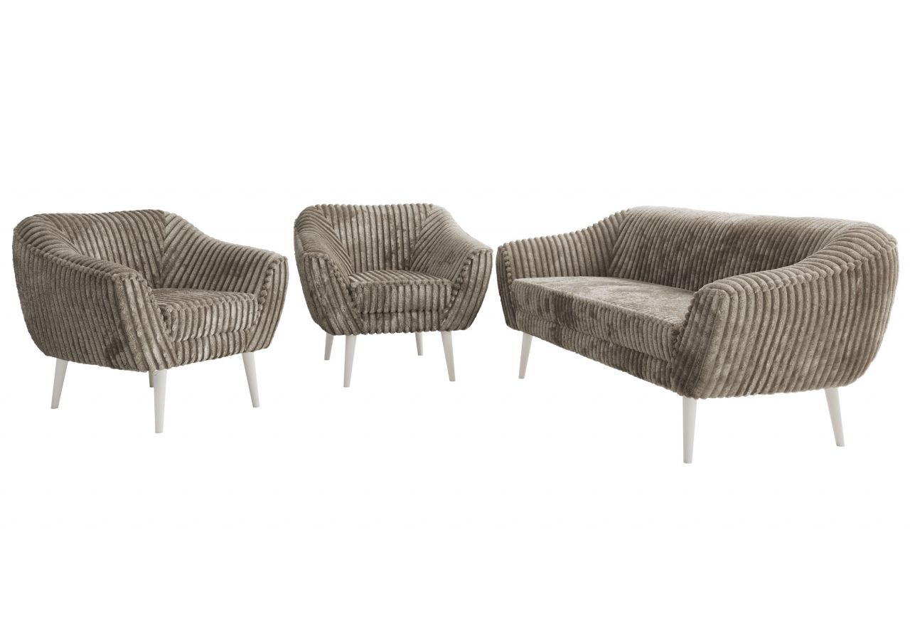 Zestaw PIRS 3+1+1 - jasnobrązowy, sztruks - nóżki,  biały